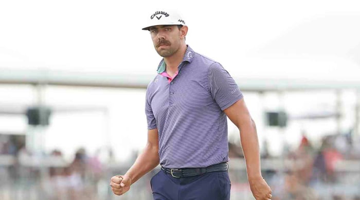 Erik van Rooyen of South Africa reacts after a putt on the 12th green during the final round of the 2023 World Wide Technology Championship in Mexico.